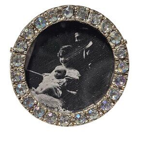 Vintage Crystal Rhinestone Round Brooch Black White Photo Fashion Jewelry Women